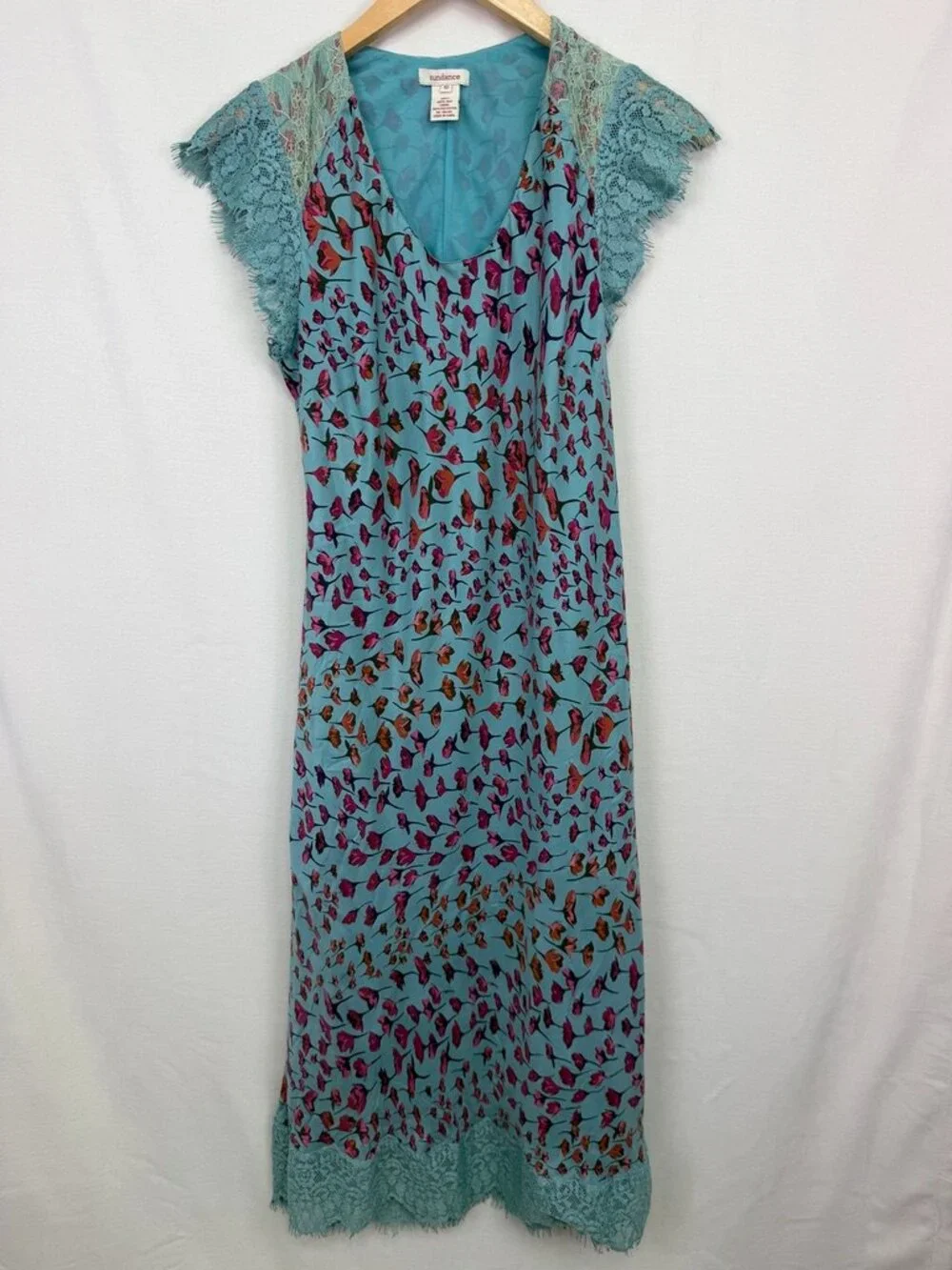 Sundance 100% Silk Lace Cap Sleeve Floral Slip Dress Teal Pink Size 10